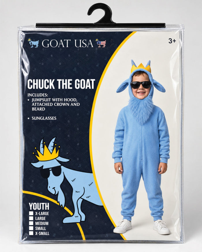 GOAT USA Chuck the Goat youth costume in its original retail packaging, featuring a child wearing the light blue jumpsuit with hood, attached crown, and beard, along with sunglasses.