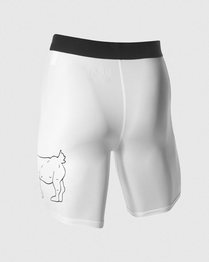 Back of white compression shorts with the GOAT USA logo on the them#color_white
