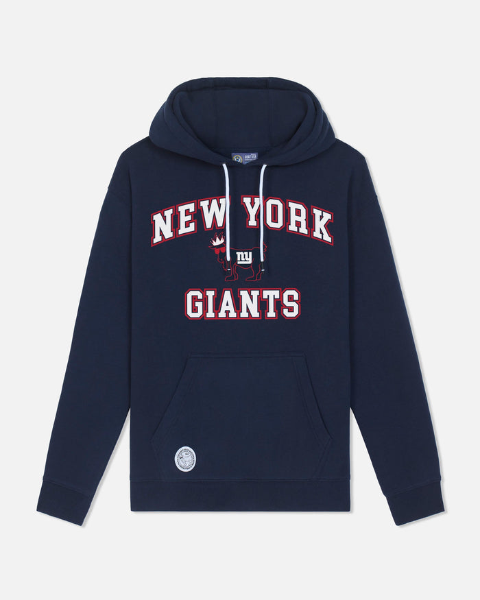 A navy blue pullover hoodie featuring 'NEW YORK GIANTS' printed in white varsity-style letters with red outlines on the chest, accompanied by the team's logo. The hoodie includes white drawstrings and a front kangaroo pocket, shown against a light gray background.