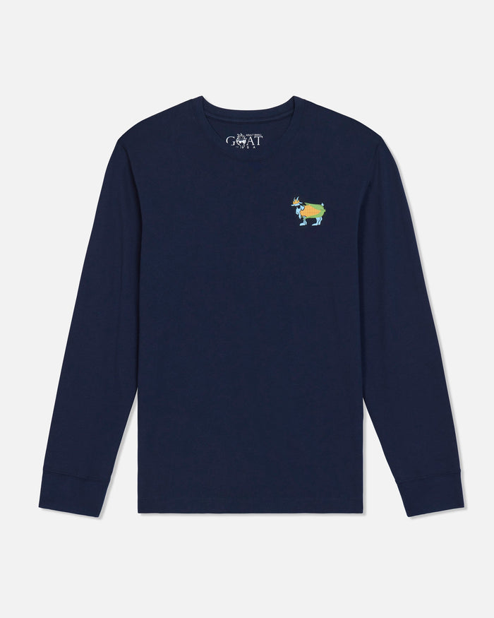 A navy blue long-sleeve crewneck shirt for toddlers, featuring a small colorful goat graphic on the left chest, displayed against a clean white background.