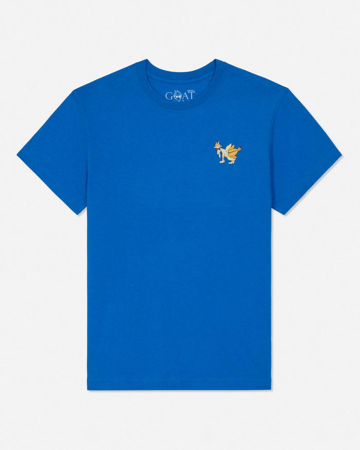 A bright blue short-sleeve crewneck t-shirt by GOAT USA, featuring a small yellow goat logo on the left chest, displayed on a clean white background.