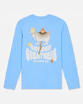 A light blue long-sleeve t-shirt with a graphic on the back featuring a cartoon goat on fire and the text 'GOLDEN GREATNESS THE TOASTED ONE'.