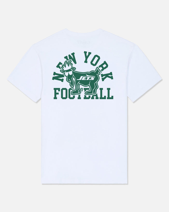 White short-sleeve t-shirt with a green New York Jets Football graphic on the back, displayed against a light gray background.