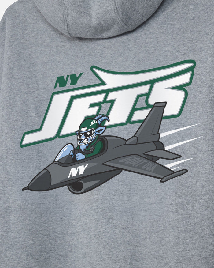A gray sweatshirt with a blue goat wearing a football helmet flying a fighter jet and text that reads "NY Jets GOAT USA"