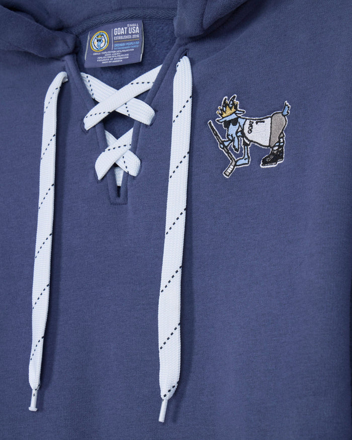 Blue hoodie with white lace-up drawstrings and a logo on the chest.