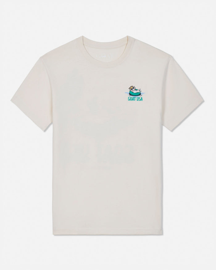 Beige t-shirt with a small graphic on a white background