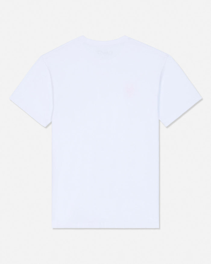 A plain white short-sleeve crewneck t-shirt shown from the back, laid flat against a light off-white background.