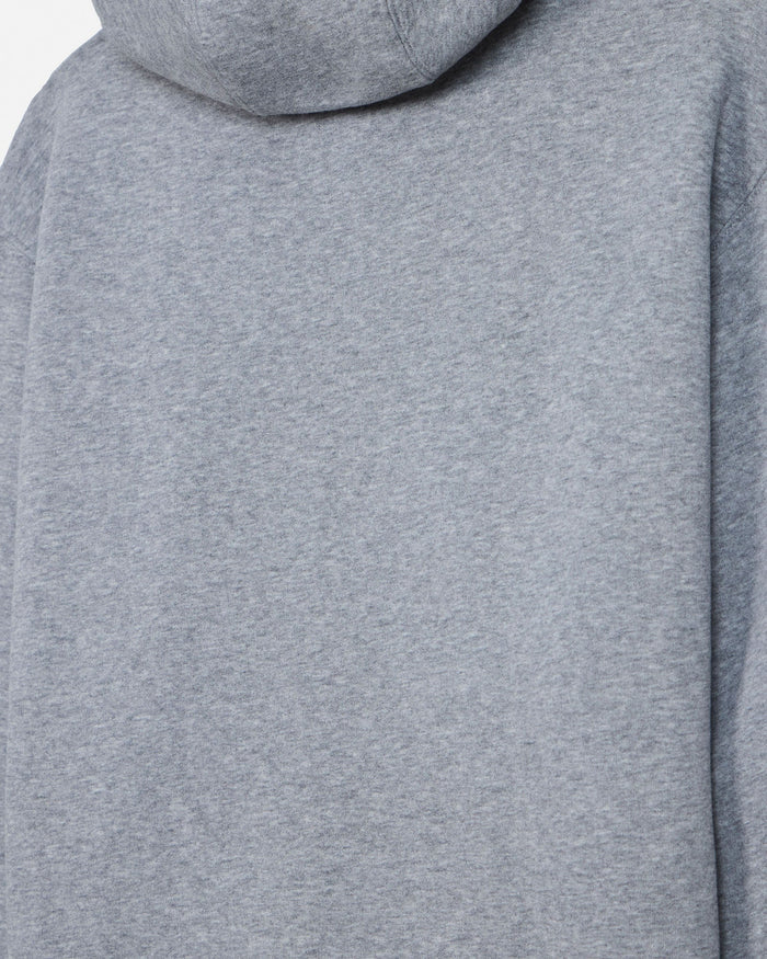 Close-up of a heather gray hooded sweatshirt showing the back of the neck, hood edge, and shoulder area.#color_gray-heather
