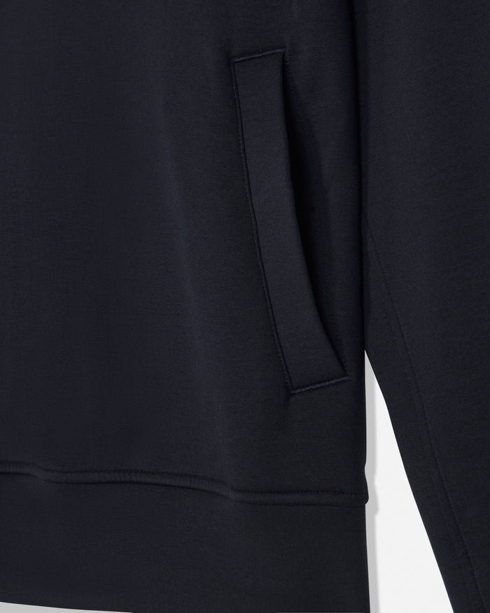 Close-up of pocket on black hoodie made with athletic material#color_black