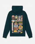 A dark teal-green hooded sweatshirt shown from the back, featuring a large collage of colorful 'Goat USA Adventure' patches and graphics printed across the back.
