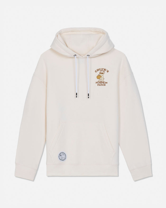 An off-white hooded sweatshirt with a drawstring hood, kangaroo pocket, and a brown graphic on the left chest reading 'Chuck's Pumpkin Patch'. A small circular patch is visible near the lower left front.