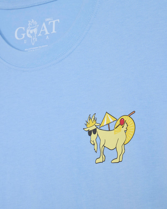 Light blue t-shirt with a yellow goat graphic and 'GOAT' logo on a light blue background