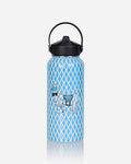A stainless steel water bottle with a light blue and white diamond pattern, featuring a cartoon goat wearing sunglasses and a harness. The bottle has a black lid with a carrying loop, set against a light gray background with a soft reflection below.