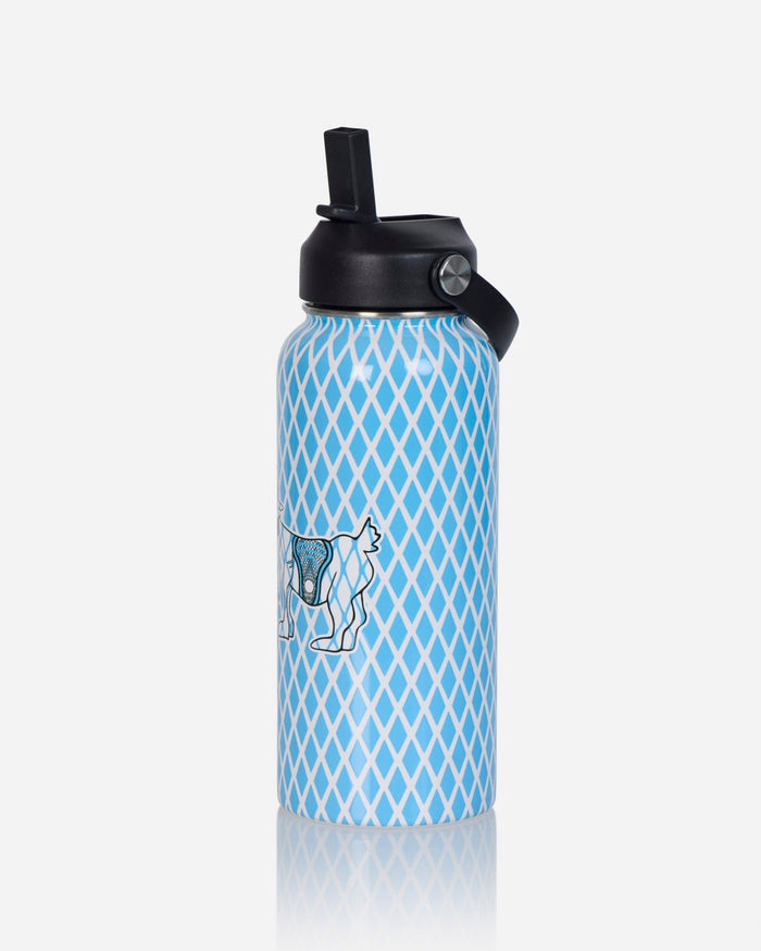 A reusable water bottle with a light blue and white diamond pattern, featuring a black lid with a flip-straw spout and a small line-art illustration of a goat on the front, set against a light gray background.