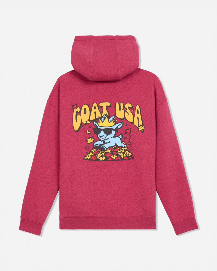 A heathered red hoodie shown from the back, featuring a large graphic print of a blue cartoon character wearing sunglasses and a yellow hat under the text 'GOAT USA' in yellow.