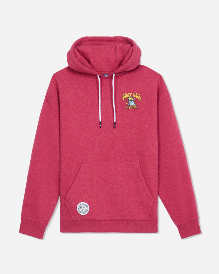 A heathered red pullover hoodie with white drawstrings, a kangaroo pocket, a circular white patch on the lower left, and a colorful 'Goat USA' graphic on the left chest, displayed against a light gray background.