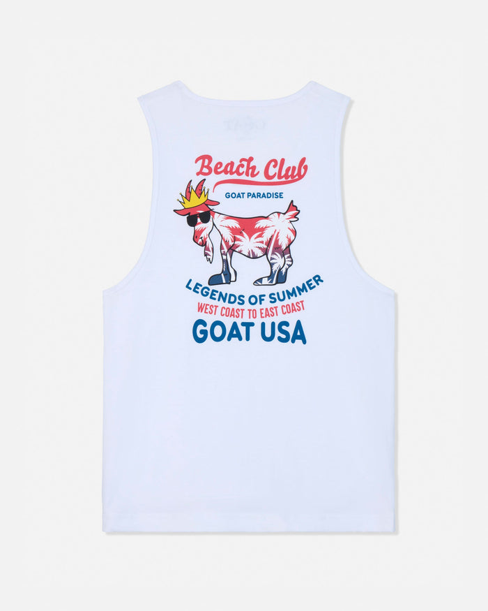 White sleeveless shirt with graphic design and text on a white background