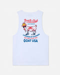 White sleeveless shirt with graphic design and text on a white background