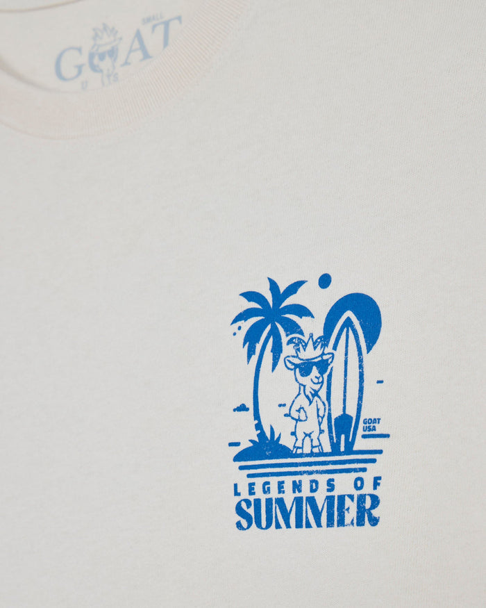 Turtledove t-shirt with blue graphic design featuring a palm tree, surfboard, and text 'Legends of Summer'.