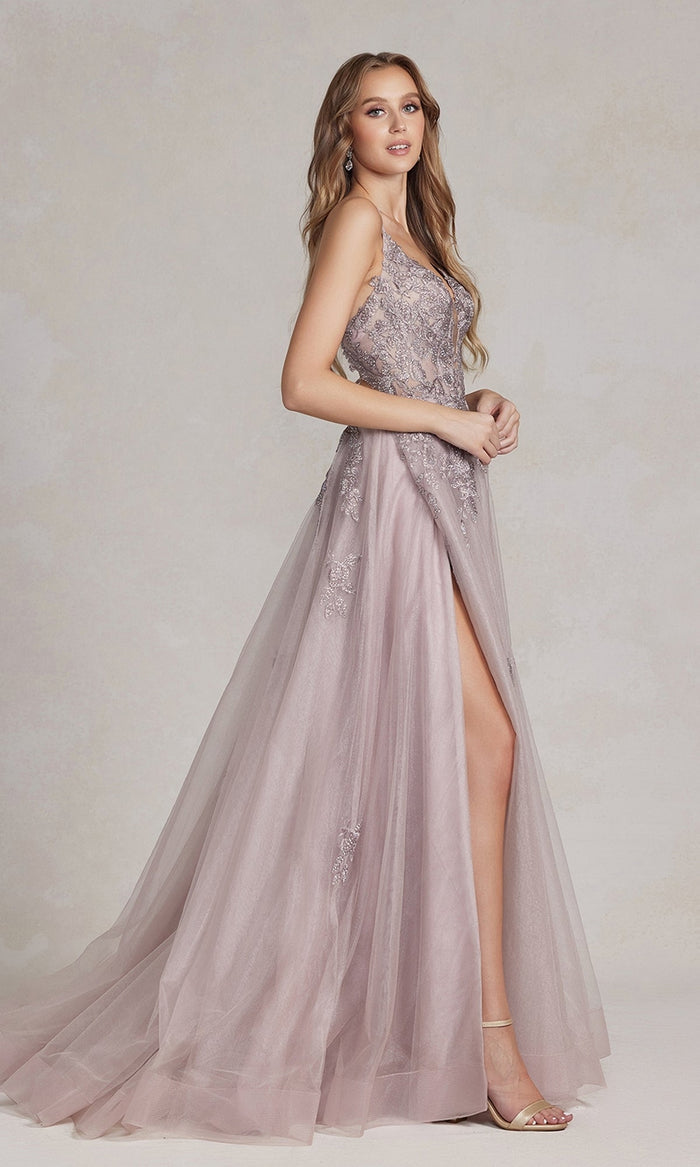 Long A-Line Lace Prom Dress with Wrap-Style Skirt