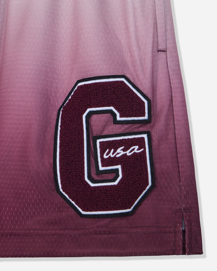 Close-up of 'G'-patch on maroon fade mesh shorts#color_windsor-wine