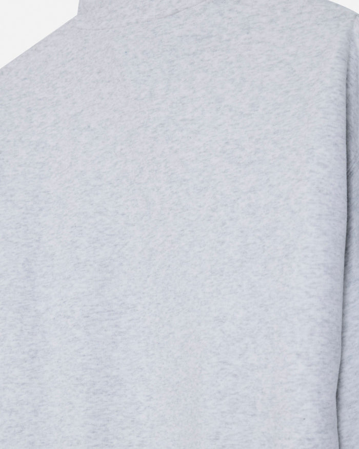 Close-up of a light heather gray fabric surface, showing the texture and color of a garment or material.#color_pale-gray