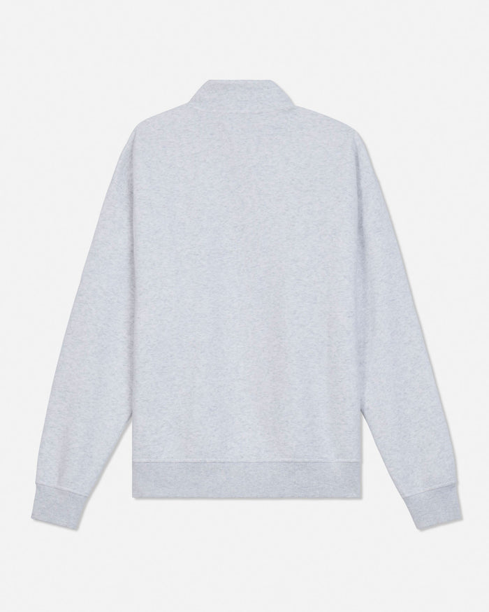 A light gray heathered long-sleeve half-zip sweatshirt shown from the back, featuring a mock neck collar, ribbed cuffs, and a ribbed hem, set against a plain white background.#color_pale-gray