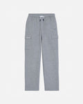 A pair of heather gray cargo sweatpants with a white drawstring, shown flat against a light gray background. The pants feature side cargo pockets, a small embroidered logo on the left thigh, and a small text label on the right pocket.#color_gray-heather