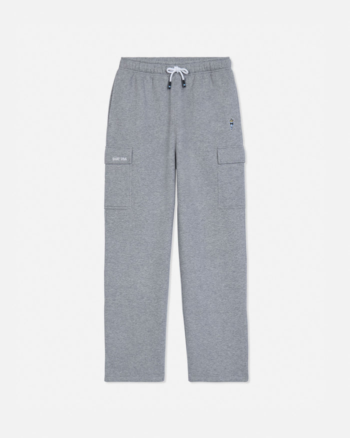 A pair of heather gray cargo sweatpants with a white drawstring, shown flat against a light gray background. The pants feature side cargo pockets, a small embroidered logo on the left thigh, and a small text label on the right pocket.#color_gray-heather