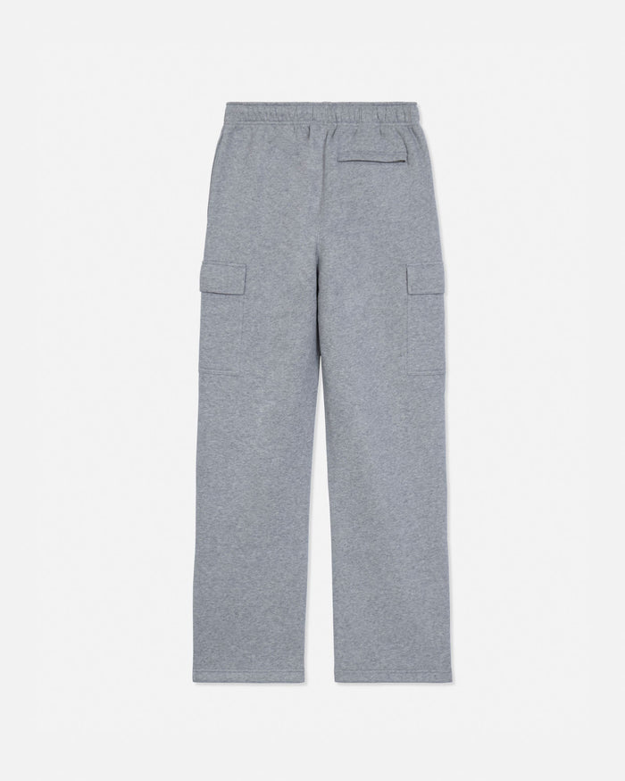 A pair of heather gray cargo sweatpants shown from the back, featuring an elastic waistband, rear welt pockets, and side cargo pockets, photographed on a clean white background.#color_gray-heather