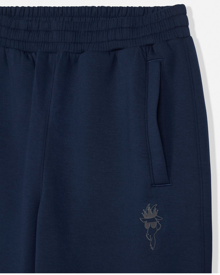 Close-up of navy blue sweatpants featuring an elastic waistband, a side pocket with a tab, and a subtle tonal embroidered goat logo.#color_navy-blazer