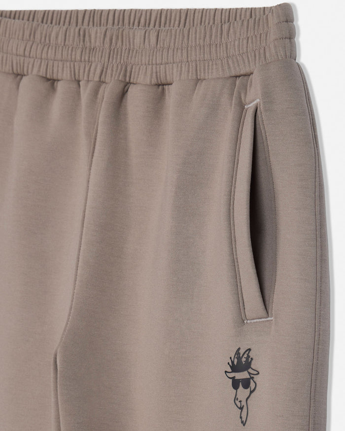 Close-up of taupe-brown sweatpants showing the elastic waistband, side pocket, and a small black graphic logo.#color_desert-taupe