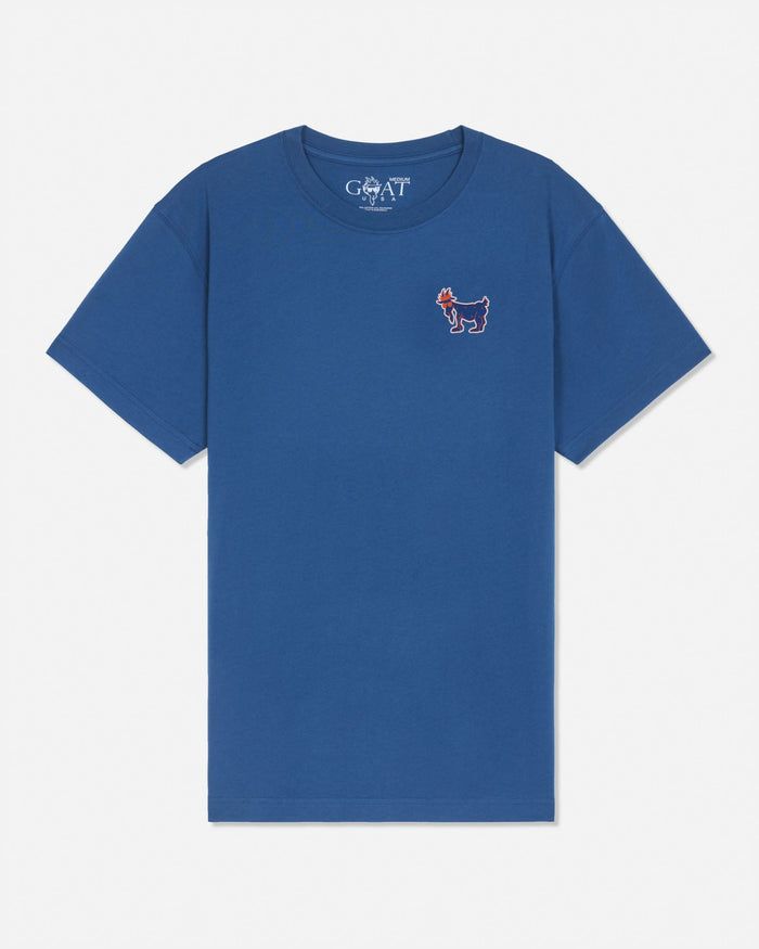 A blue tee with a left chest blue and orange goat#color_moonlite-ocean