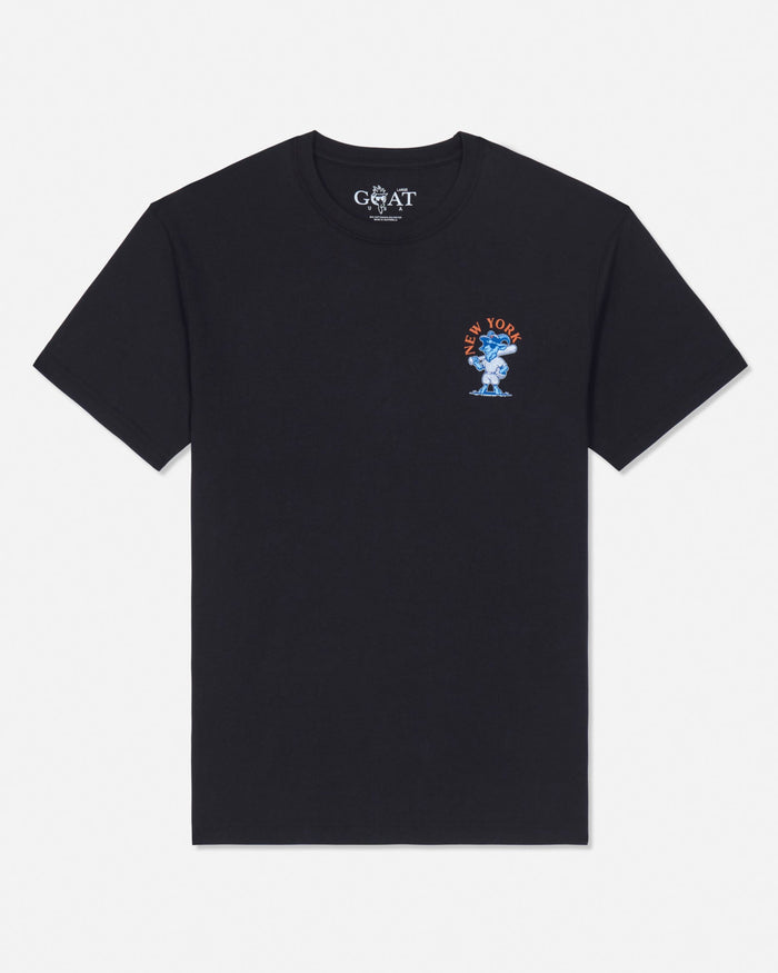A black short-sleeve t-shirt with a small colorful graphic on the left chest and a white 'GOAT USA' brand print inside the collar, displayed on a clean white background.