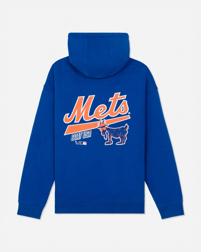 A royal blue pullover hoodie shown from the back, featuring a large orange and white 'Mets' script logo and 'GOAT USA' text.