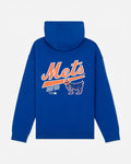 A royal blue pullover hoodie shown from the back, featuring a large orange and white 'Mets' script logo and 'GOAT USA' text.