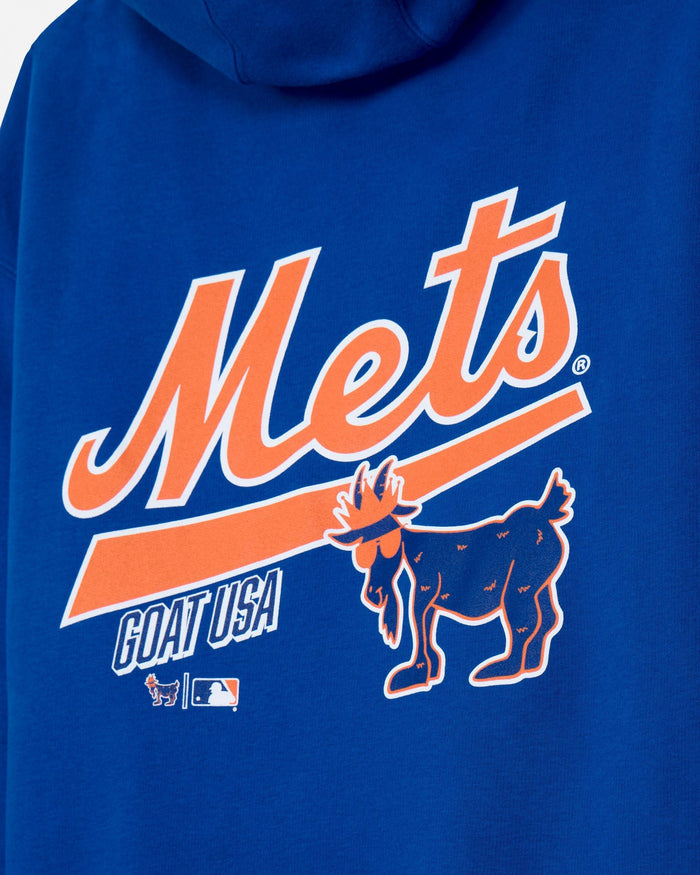 Close-up of a royal blue hoodie featuring the New York Mets 'Mets' script logo in orange and white, with a goat graphic and 'GOAT USA' text on the front.