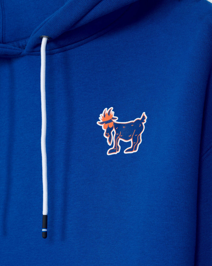 Close-up of a royal blue hoodie featuring a white drawstring and a small printed goat graphic on the chest.