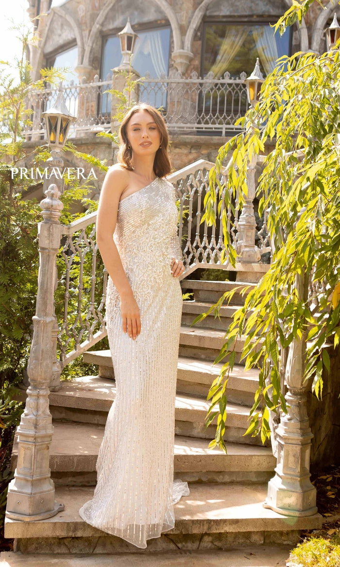 One-Long-Sleeve Long Sequin Formal Dress 12025