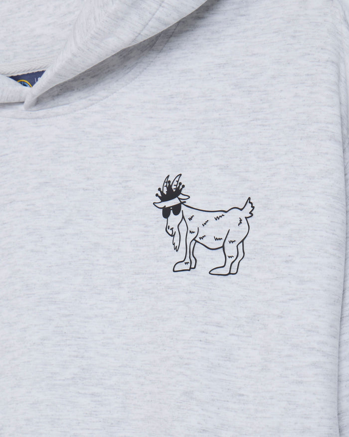 Close-up of logo on pale gray hoodie made with athletic material#color_pale-gray