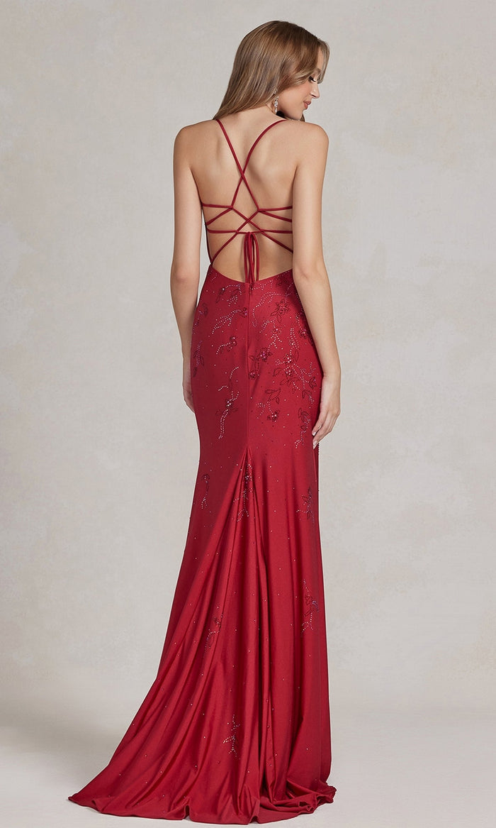 Plunging V-Neck Long Beaded Formal Dress E1206