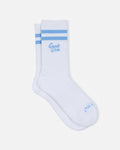 Laid out pair of socks with light blue stripes#color_carolina-blue