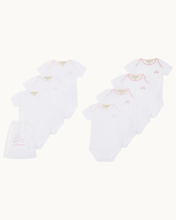 Set of 7 Angel Wing Picot Short Sleeve Onesies - Pink Fade