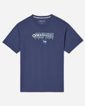 Navy shirt with soccer ball that goes through the wording "GOAT USA"