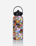 A reusable water bottle with a black lid and carrying loop, covered in a dense multicolor cartoon illustration featuring animals and symbols, shown on a light gray background.