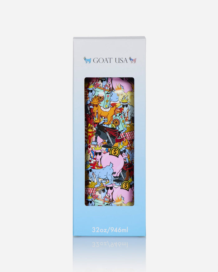 A tall white and light blue GOAT USA gift box with a clear window showing a colorful illustrated bottle or container inside, photographed on a light gray background.