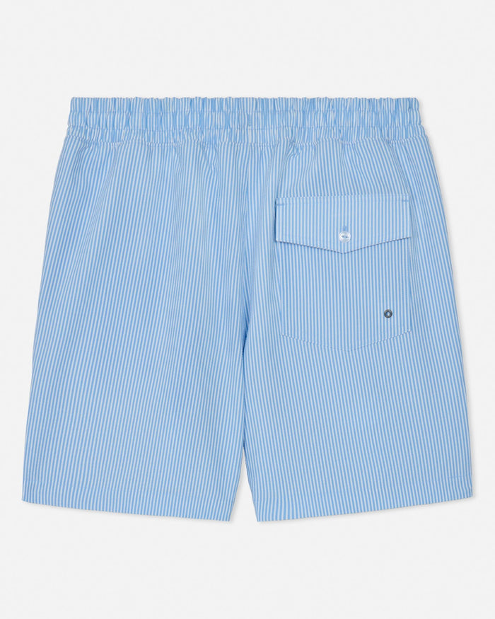 Blue striped shorts with a pocket on a light gray background
