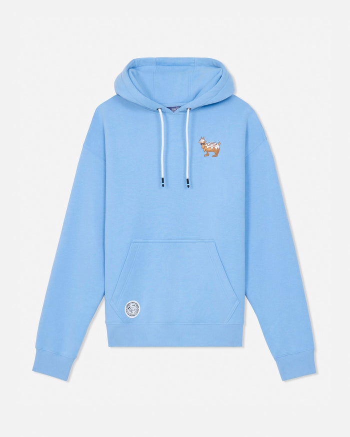 A light blue pullover hoodie with a kangaroo pocket, white drawstrings, and small embroidered graphics on the chest and lower left sleeve, shown against a plain light gray background.