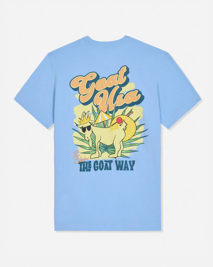 Light blue t-shirt with a colorful graphic and text on a white background