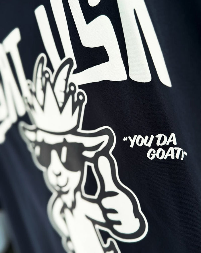Navy t-shirt with white graphic design and text